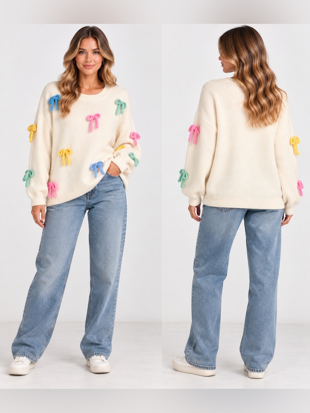 Cider Bow Detail Crewneck Sweater in White Size Medium NWT